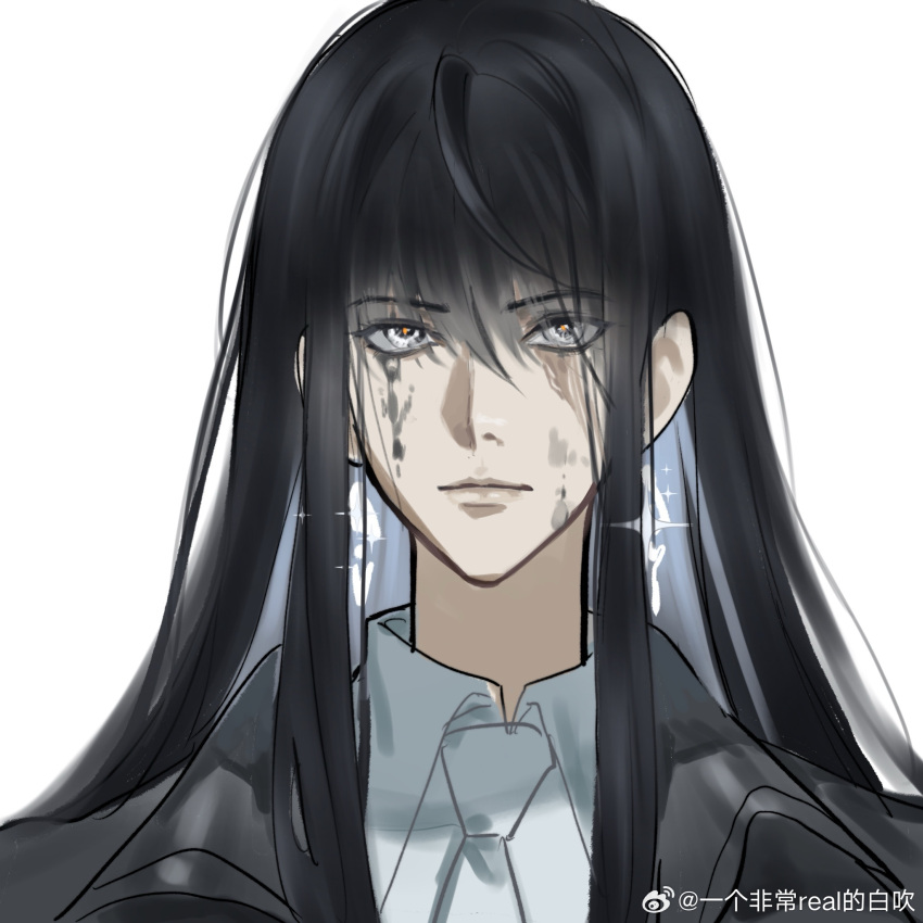 1girl, black_coat, black_hair, ccccl., chinese_commentary, coat, collaboration, collared_shirt, commentary, dirty, dirty_face, earrings, expressionless, glowing, glowing_eyes, hair_between_eyes, highres, jewelry, lips, looking_at_viewer, necktie, path_to_nowhere, portrait, rahu_(path_to_nowhere), scar, scar_across_eye, shirt, solo, straight-on, straight_hair, suanliu, white_eyes, white_necktie, white_shirt
