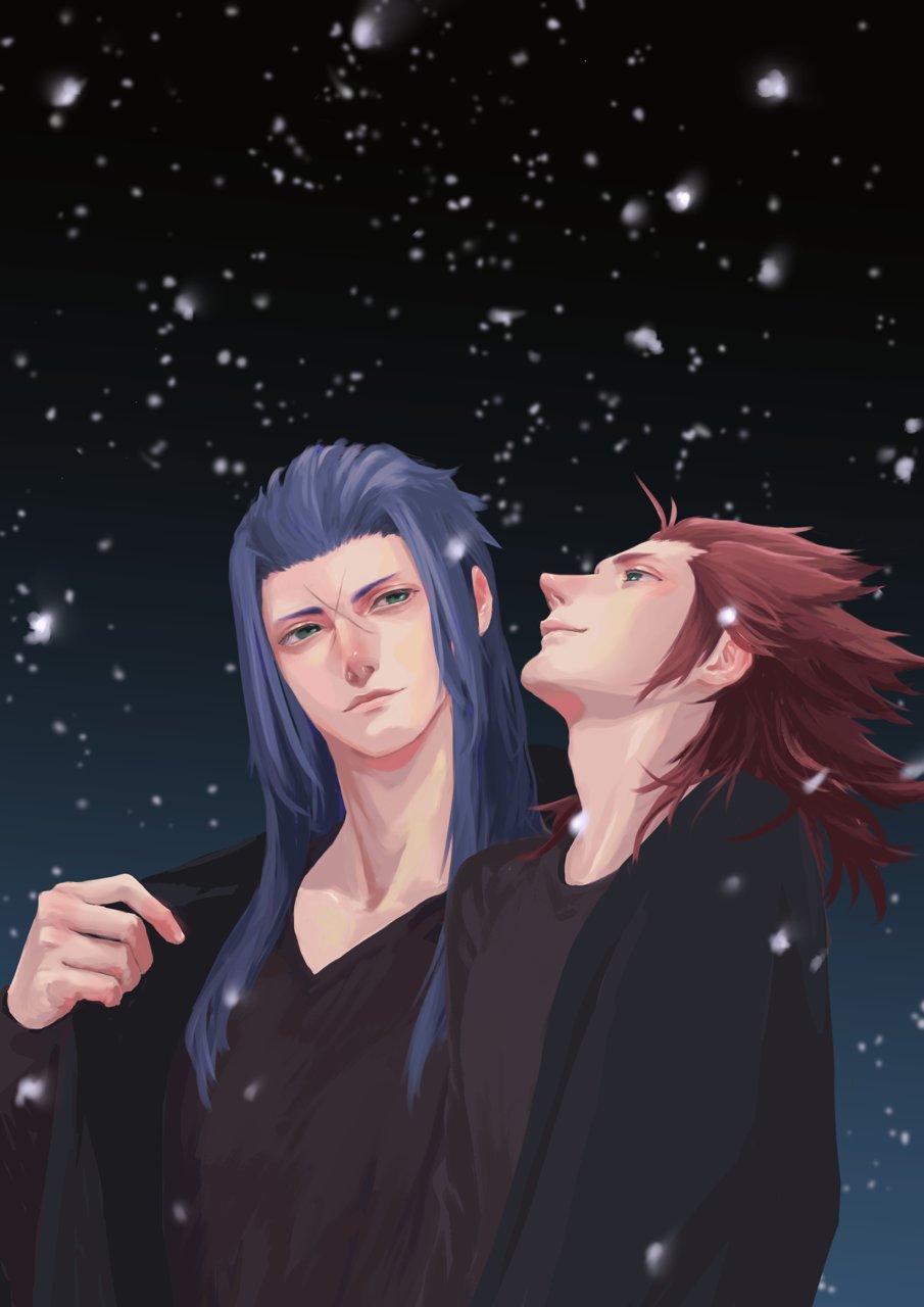 2boys, adam's_apple, axel_(kingdom_hearts), black_sky, black_sweater, blue_hair, brown_shirt, closed_mouth