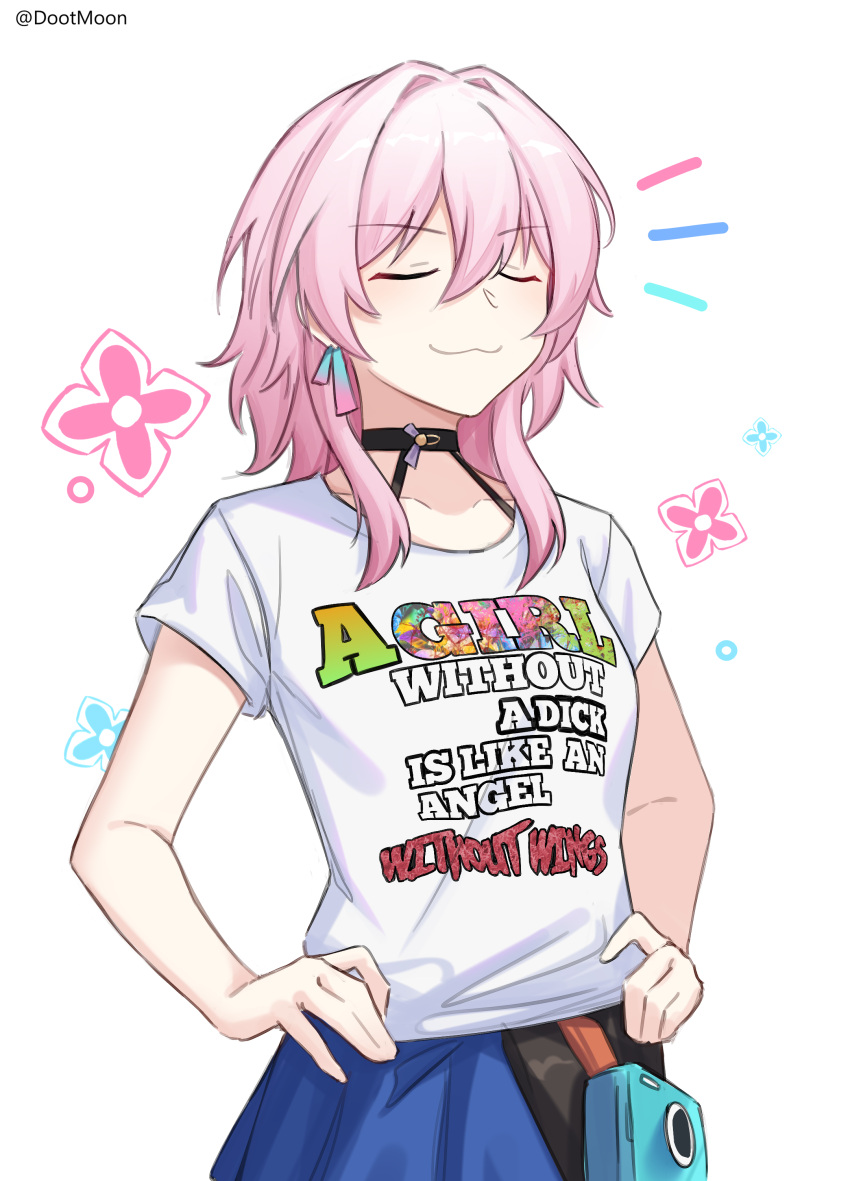 1girl, :3, absurdres, black_choker, blue_skirt, bra_strap, choker, closed_eyes