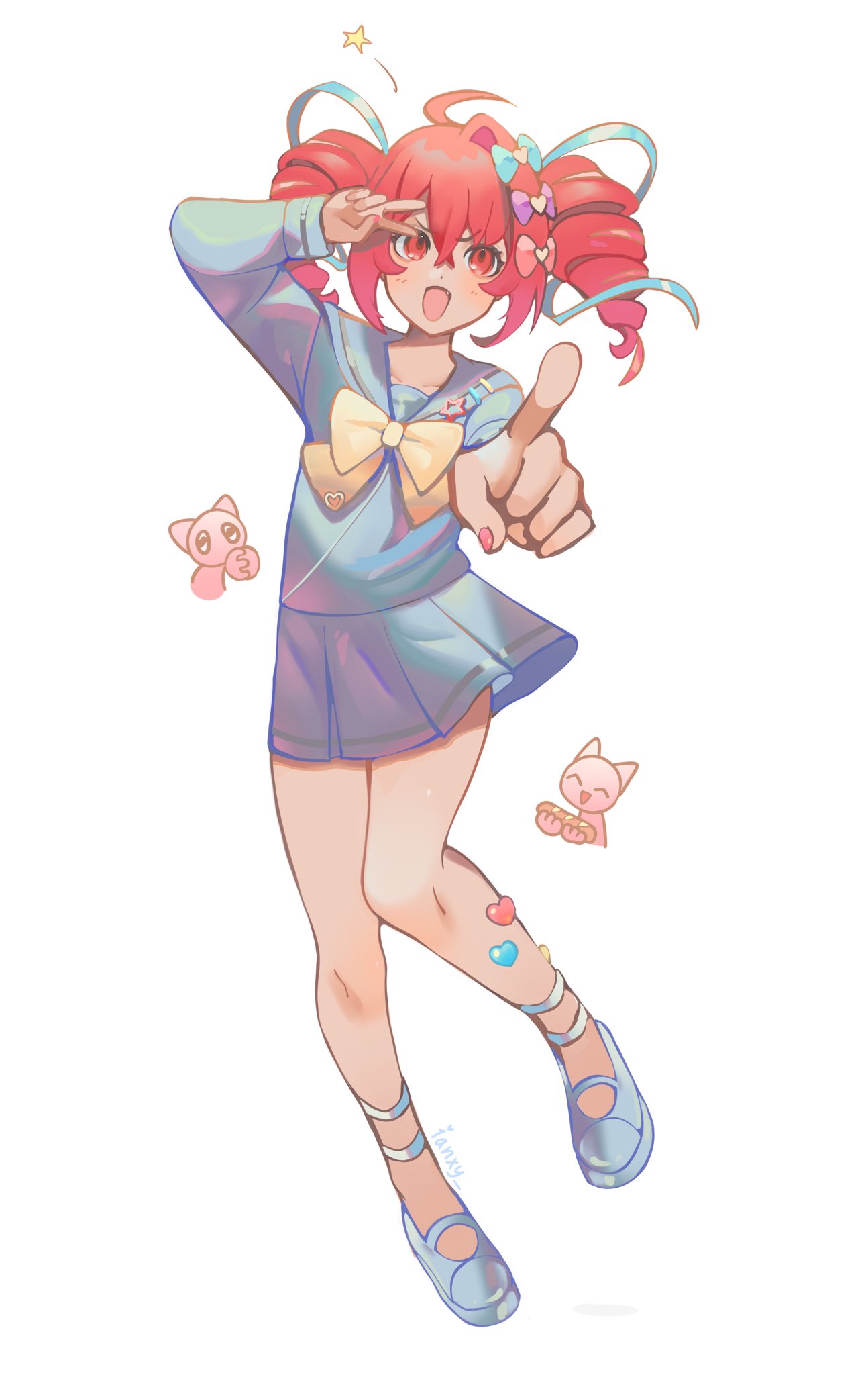 1girl, :d, alternate_costume, blue_footwear, blue_serafuku, bow, chouzetsusaikawa_tenshi-chan, chouzetsusaikawa_tenshi-chan_(cosplay)