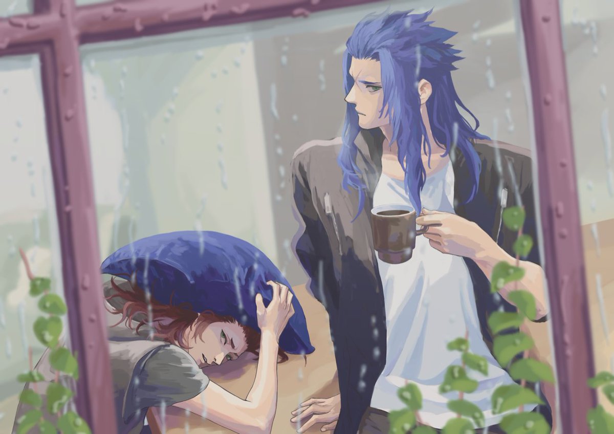 2boys, arm_on_table, arm_support, axel_(kingdom_hearts), black_pants, black_shirt, blue_hair, closed_mouth