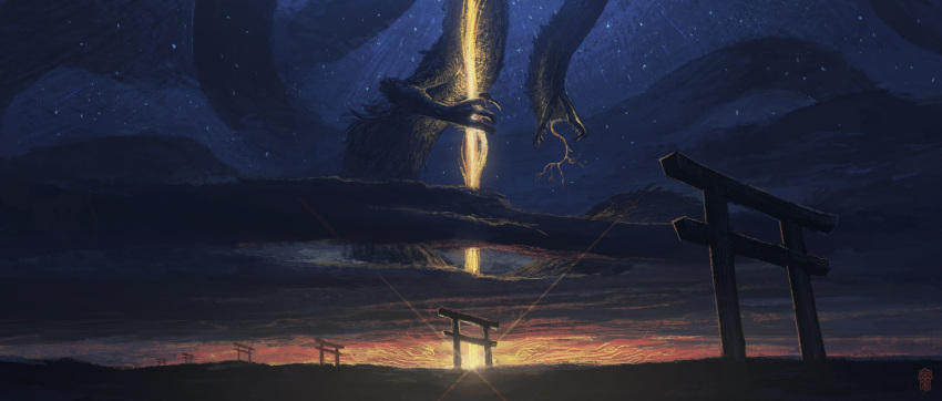 clouds, fantasy, giant, giant_monster, highres, horizon, lens_flare, light_rays