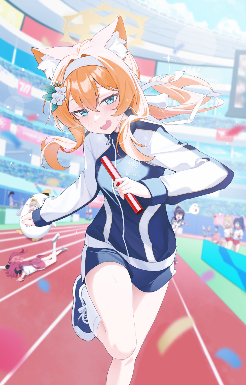 6+girls, absurdres, animal_ear_fluff, animal_ears, black_jacket, blue_archive, blue_shorts, blush, cat_ears, confetti, embarrassed, flower, gym_uniform, hair_flower, hair_ornament, hairband, halo, highres, holding_relay_baton, jacket, long_hair, long_sleeves, mari_(blue_archive), mari_(track)_(blue_archive), multicolored_clothes, multicolored_jacket, multiple_girls, official_alternate_costume, orange_hair, outdoors, ponytail, relay_baton, running, running_towards_viewer, running_track, shoes, shorts, sneakers, socks, solo_focus, stadium, sweat, tamago_(eva1314056), track_jacket, two-tone_jacket, very_sweaty, wavy_mouth, white_hairband, white_socks