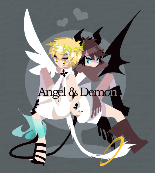 angel_and_demon, angel_and_devil, bad_id, blonde_hair, brown_hair, copyright_request, demon, devil, green_eyes, heart, kaku_sugar, short_hair, tail, wings, yellow_eyes