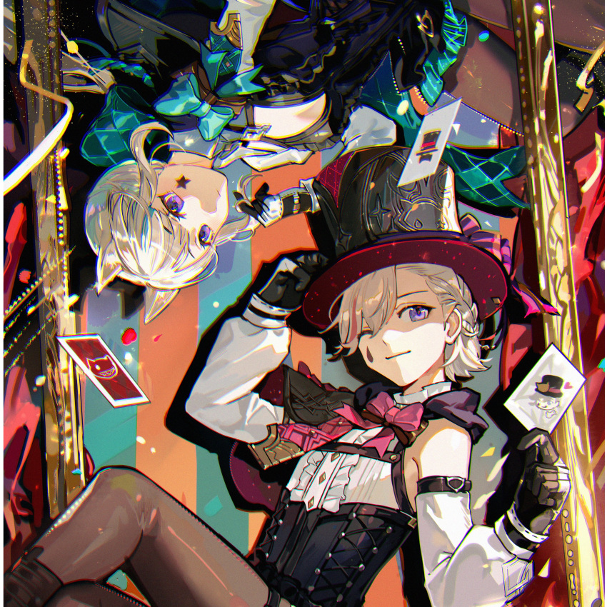 1boy, 1girl, absurdres, adjusting_clothes, adjusting_headwear, card, chromatic_aberration, closed_mouth