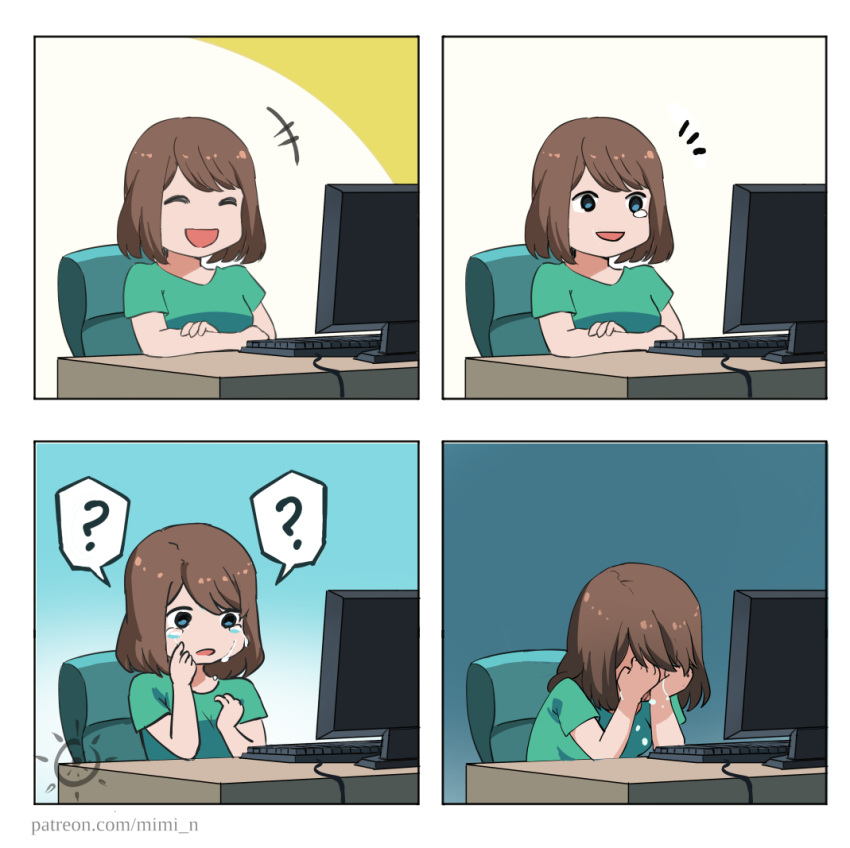 1girl, ?, blue_eyes, brown_hair, chair, computer, computer_keyboard, crying