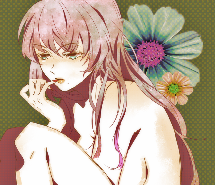 bad_id, flower, green_eyes, long_hair, megurine_luka, mole, nail_polish, nude