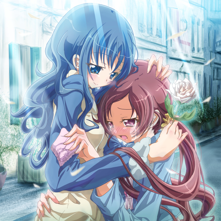 crying, flower, hanasaki_tsubomi, handkerchief, hankerchief, heartcatch_precure!, heartcatch_pretty_cure!, highres, ikatomo, inoshishi_(ikatomo), kurumi_erika, precure, pretty_cure, tears, yuri