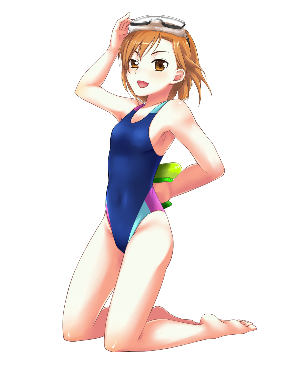 24a, barefoot, brown_eyes, brown_hair, competition_swimsuit, diving_mask, highres, kneeling