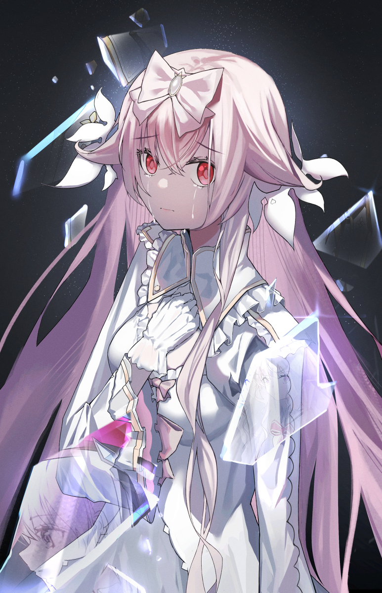 1girl, arcaea, bow, breasts, bruce_1354, cleavage_cutout, clothing_cutout, crying