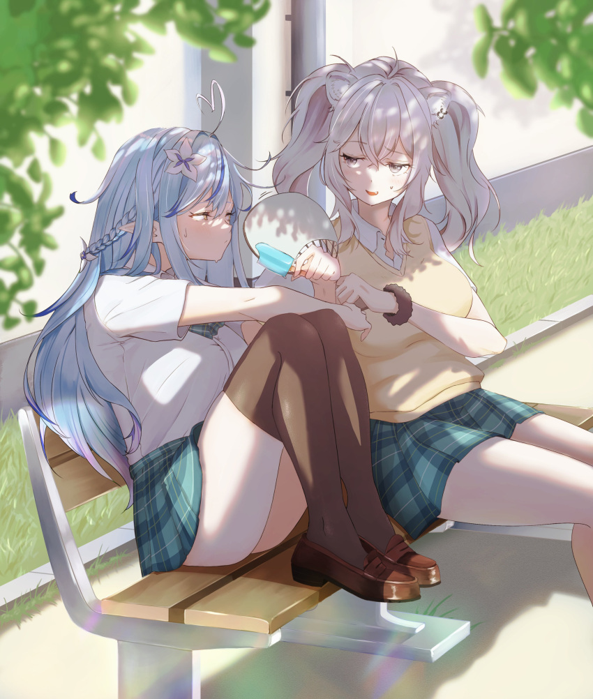 2girls, absurdres, ahoge, animal_ear_piercing, animal_ears, aogami_high_school_uniform, black_thighhighs, blue_hair