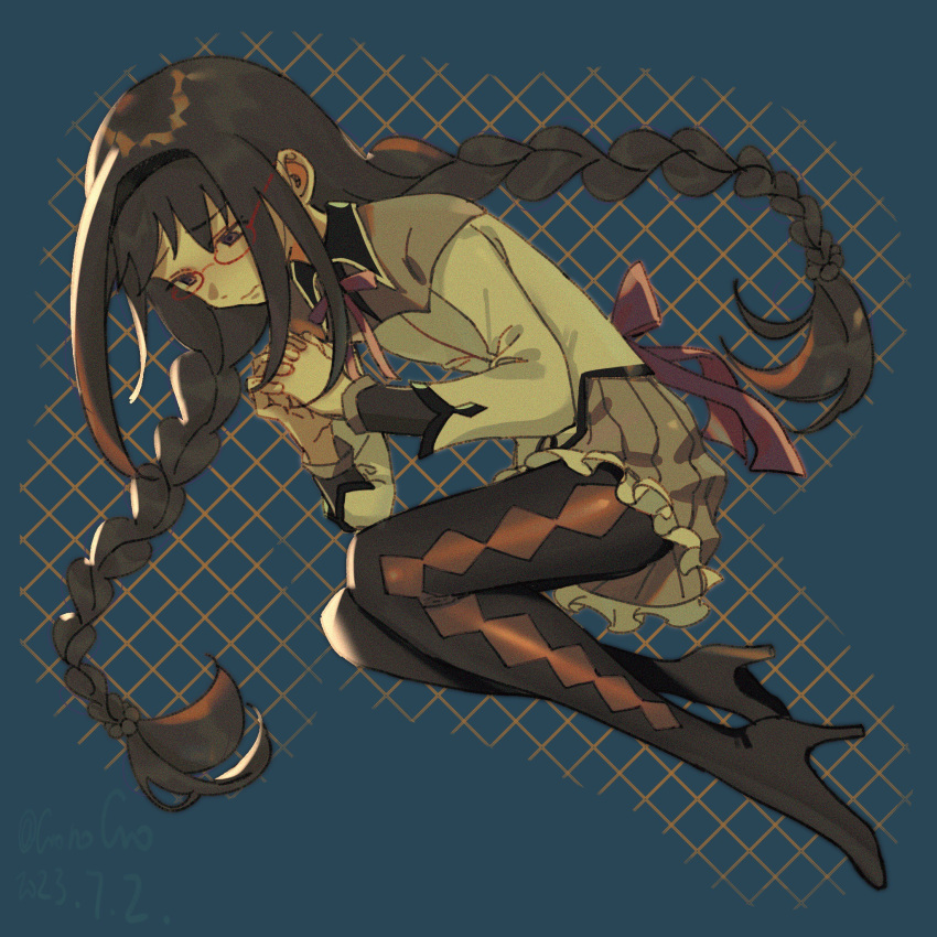 1girl, akemi_homura, argyle_clothes, argyle_footwear, artist_name, back_bow, black_footwear, black_hairband, blue_background, boots, bow, bowtie, braid, capelet, closed_mouth, collared_capelet, commentary, dated, english_commentary, eyelashes, frilled_skirt, frills, full_body, furrowed_brow, gionogio, glasses, hair_bobbles, hair_ornament, hair_spread_out, hairband, high_heel_boots, high_heels, highres, interlocked_fingers, layered_sleeves, long_hair, long_sleeves, looking_ahead, low_twin_braids, lying, magical_girl, mahou_shoujo_madoka_magica, mahou_shoujo_madoka_magica_(anime), miniskirt, on_side, own_hands_clasped, own_hands_together, pantyhose, pleated_skirt, purple_bow, purple_bowtie, purple_capelet, purple_hair, purple_skirt, red-framed_eyewear, sad, shirt, skirt, solo, thigh_boots, twin_braids, very_long_hair, violet_eyes, wavy_mouth, white_shirt