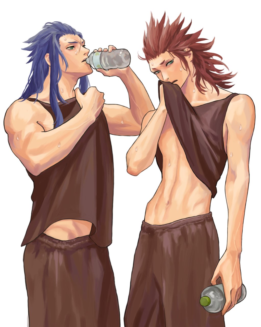 2boys, abs, arm_across_chest, axel_(kingdom_hearts), bare_shoulders, biceps, black_shirt, black_shorts