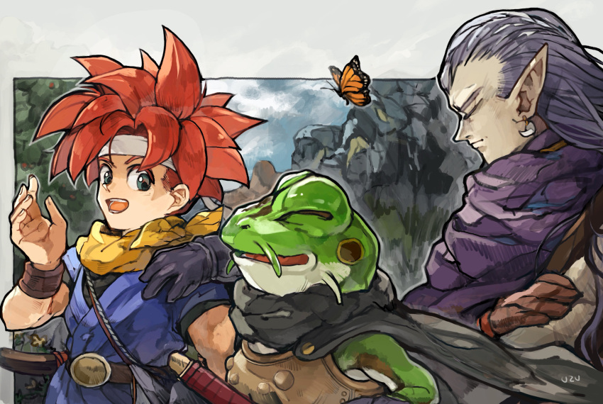 3boys, artist_name, belt, black_cape, black_gloves, blue_tunic, bug, butterfly