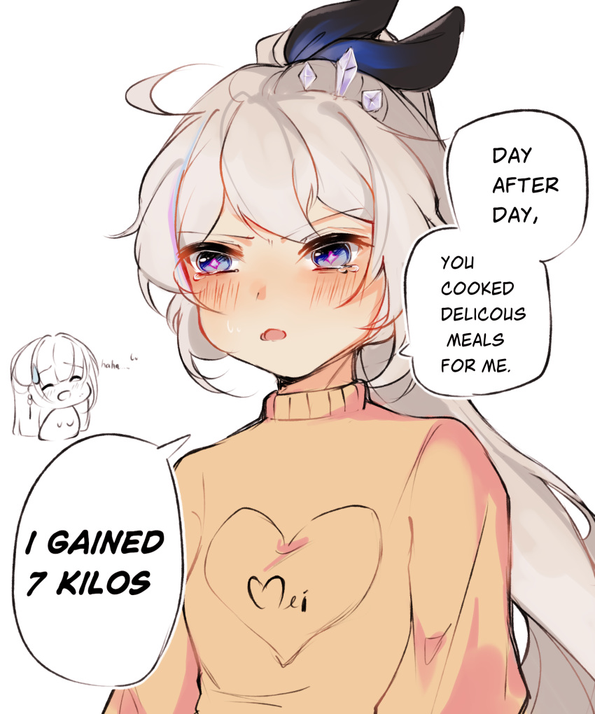 2girls, absurdres, ahoge, black_ribbon, blue_eyes, blush, clothes_writing, grey_hair