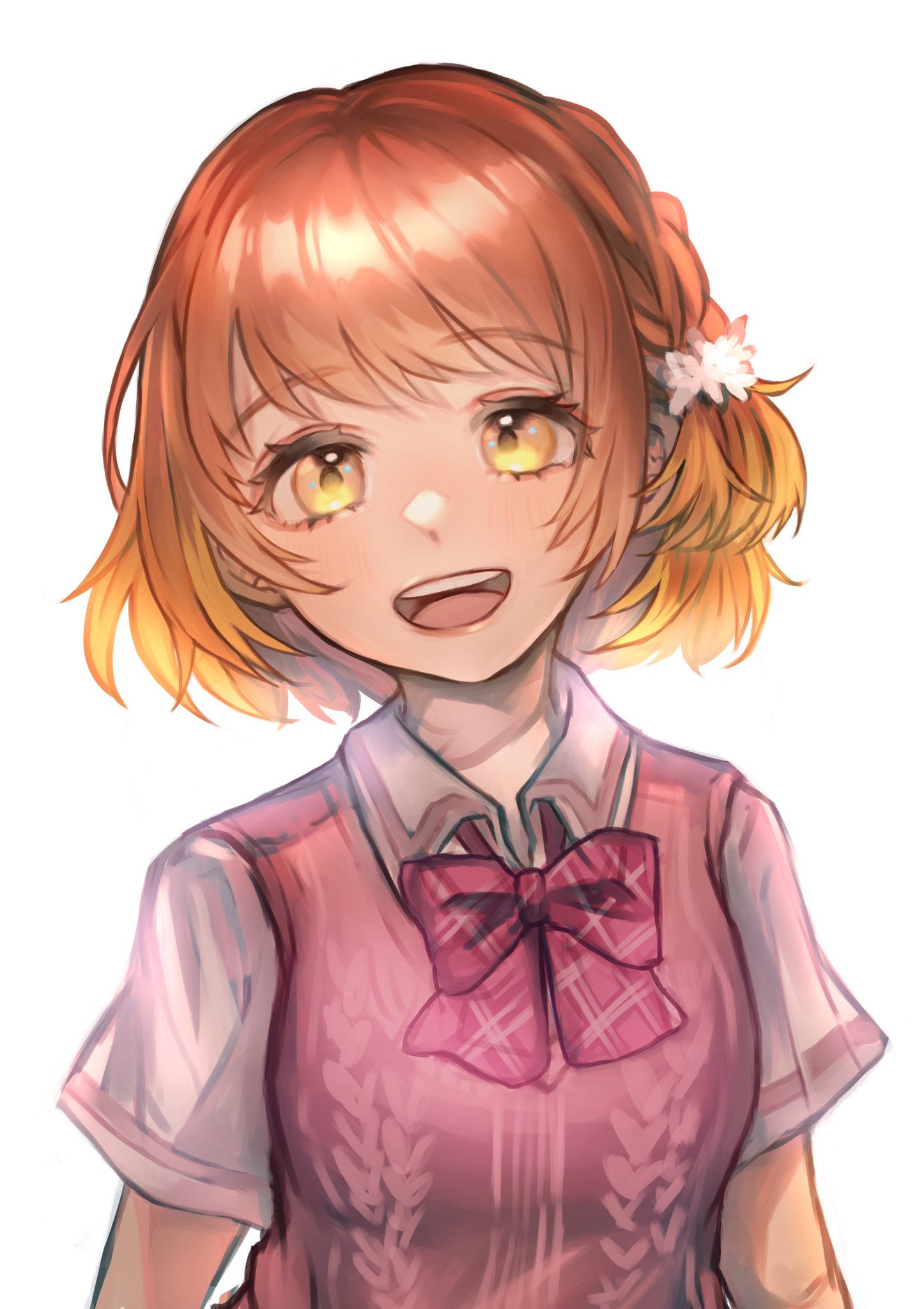 1girl, :d, akatsuki_clara, asatsuyu, blush, bob_cut, bow, bowtie