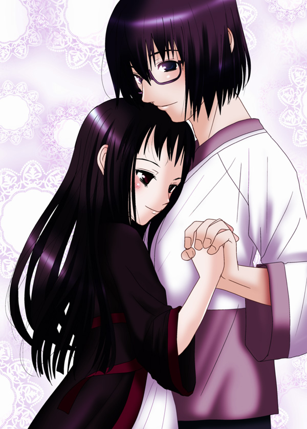 ar_tonelico_ii, black_hair, character_request, chroah_vatel, glasses, gust, holding_hands, inumori_sayaka