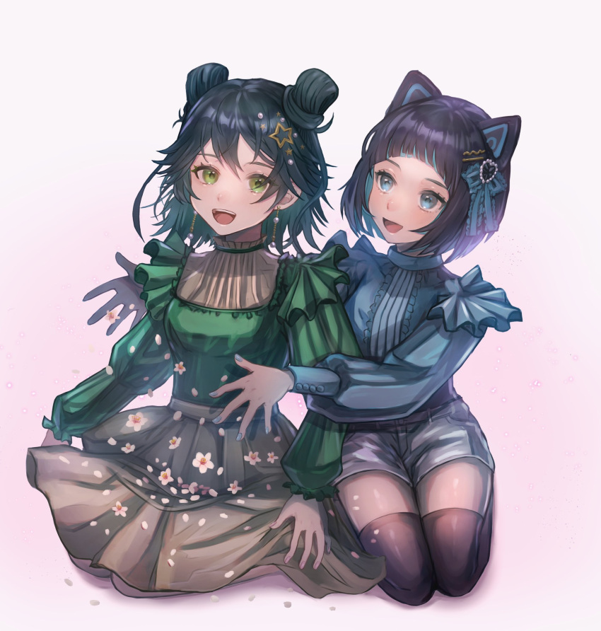 2girls, :d, alternate_costume, animal_ears, arched_bangs, arm_around_back, asatsuyu, black_hair