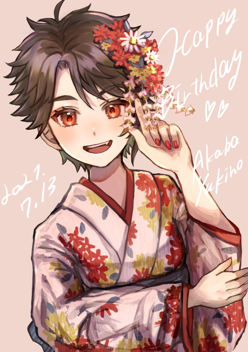 1girl, :d, akaba_yukino, alternate_costume, arm_across_waist, asatsuyu, blush, breasts, brown_background, brown_hair, character_name, commentary_request, curtained_hair, dated, dutch_angle, fang, fingernails, floral_print_kimono, flower, flower_request, gems_company, hair_flower, hair_ornament, hand_up, happy_birthday, heart, highres, index_finger_raised, japanese_clothes, kimono, long_sleeves, looking_at_viewer, nail_polish, obi, open_mouth, parted_bangs, red_eyes, red_flower, red_nails, sash, short_hair, simple_background, small_breasts, smile, solo, teeth, thick_eyelashes, upper_body, upper_teeth_only, virtual_youtuber, white_flower, white_kimono, yellow_flower