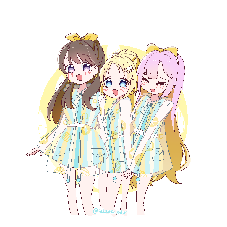 3girls, :d, alternate_costume, alternate_hairstyle, ameagari_street_(love_live!), anyoji_hime, blonde_hair, blue_dress, blue_eyes, blunt_bangs, blush, bow, bow_hairband, brown_hair, commentary, cropped_legs, dress, fujishima_megumi, gradient_hair, hair_bow, hair_bun, hair_ornament, hairband, hairclip, holding_hands, link!_like!_love_live!, long_hair, looking_at_viewer, love_live!, mira-cra_park!, multicolored_clothes, multicolored_dress, multicolored_hair, multiple_girls, open_mouth, osawa_rurino, parted_bangs, pink_hair, ponytail, sakura_rnkr, sidelocks, simple_background, single_hair_bun, sleeveless, sleeveless_dress, smile, split_mouth, striped_clothes, striped_dress, swept_bangs, transparent_raincoat, vertical-striped_clothes, vertical-striped_dress, violet_eyes, virtual_youtuber, white_background, white_dress, white_hairband, yellow_bow, yellow_dress