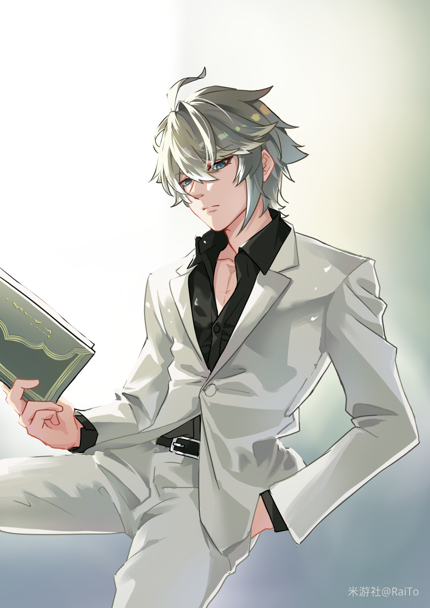 1boy, absurdres, alhaitham_(genshin_impact), belt, black_shirt, book, closed_mouth, collared_shirt