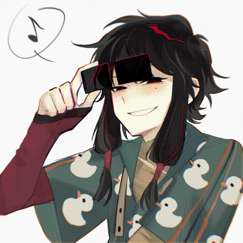1boy, alternate_costume, animal_print, bird_print, black_eyes, black_hair, chinese_commentary, commentary_request
