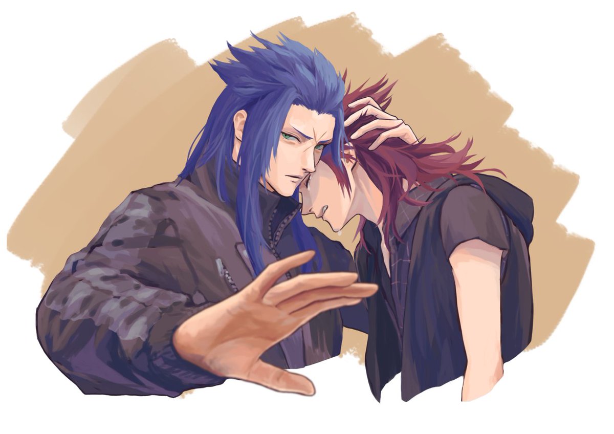 2boys, axel_(kingdom_hearts), black_hoodie, black_jacket, blue_hair, cheek-to-shoulder, closed_eyes, closed_mouth, collared_jacket, collared_shirt, commentary, crying, facial_mark, hair_behind_ear, hair_intakes, hair_slicked_back, hand_on_another's_head, hand_up, hood, hood_down, hoodie, jacket, kingdom_hearts, layered_clothes, long_hair, long_sleeves, looking_at_viewer, male_focus, mukashino, multiple_boys, open_clothes, partially_shaded_face, patterned_clothing, redhead, saix, shirt, short_sleeves, simple_background, streaming_tears, teardrop, tears, upper_body, white_background, zipper
