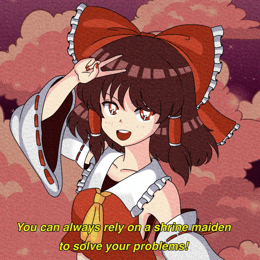 1990s_(style), 1girl, :d, ascot, bare_shoulders, bow, breasts, brown_eyes, brown_hair, clouds, cloudy_sky, commentary_request, detached_sleeves, english_text, fingernails, frilled_bow, frilled_hair_tubes, frilled_shirt_collar, frills, hair_bow, hair_tubes, hakurei_reimu, highres, kwszh, long_sleeves, looking_at_viewer, medium_hair, midriff_peek, open_mouth, red_bow, red_eyes, red_nails, red_skirt, retro_artstyle, ribbon-trimmed_sleeves, ribbon_trim, shirt, sidelocks, skirt, sky, sleeveless, sleeveless_shirt, small_breasts, smile, touhou, upper_body, v, wide_sleeves, yellow_ascot