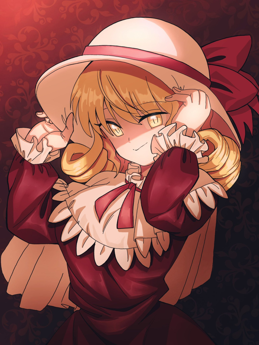 1girl, adjusting_clothes, adjusting_headwear, blonde_hair, bow, breasts, capelet, closed_mouth