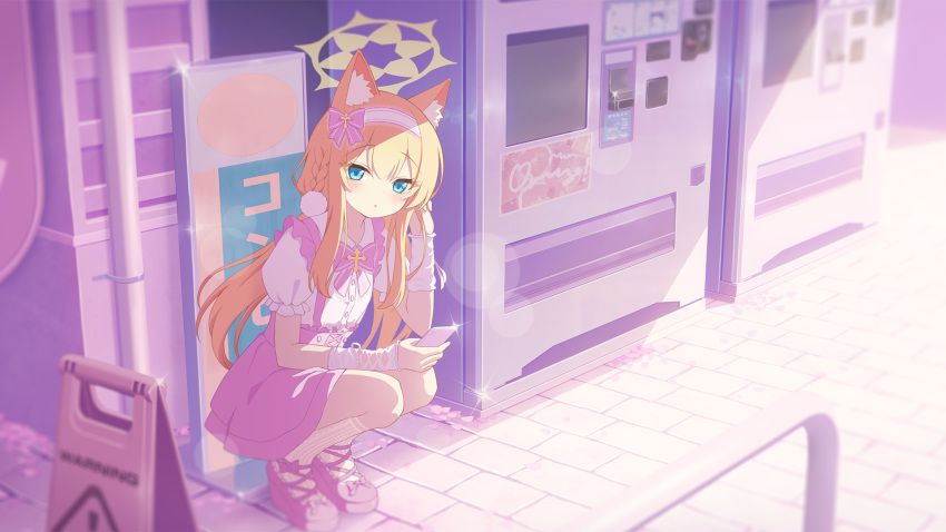 1girl, alternate_costume, animal_ear_fluff, animal_ears, blue_archive, blue_eyes, blush, bow, bowtie, braid, buttons, cat_ears, cellphone, commentary, cross, dress_shirt, glint, hair_bow, halo, headband, high-waist_skirt, high_heel_slides, highres, holding, holding_phone, jirai_kei, long_hair, looking_at_viewer, mari_(blue_archive), orange_hair, outdoors, parted_lips, phone, pink_theme, puffy_short_sleeves, puffy_sleeves, shirt, short_sleeves, sidelighting, sidelocks, sign, skirt, smartphone, socks, solo, suspender_skirt, suspenders, vending_machine, warning_sign, white_headband, white_shirt, white_socks, white_wrist_cuffs, wrist_cuffs, yellow_halo, yuma_(594986561)