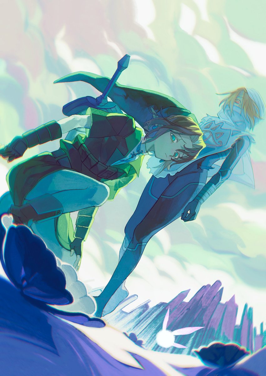 1boy, 1girl, blonde_hair, blue_bodysuit, blue_eyes, bodysuit, boots, brown_footwear, brown_gloves, celiahoodcat, commentary, dutch_angle, fairy, gloves, green_hat, green_sky, green_tunic, hat, head_scarf, highres, link, looking_at_object, master_sword, navi, on_one_knee, pants, pointy_ears, scarf, sheik, sky, standing, sword, sword_on_back, the_legend_of_zelda, the_legend_of_zelda:_ocarina_of_time, weapon, weapon_on_back, white_pants, white_scarf