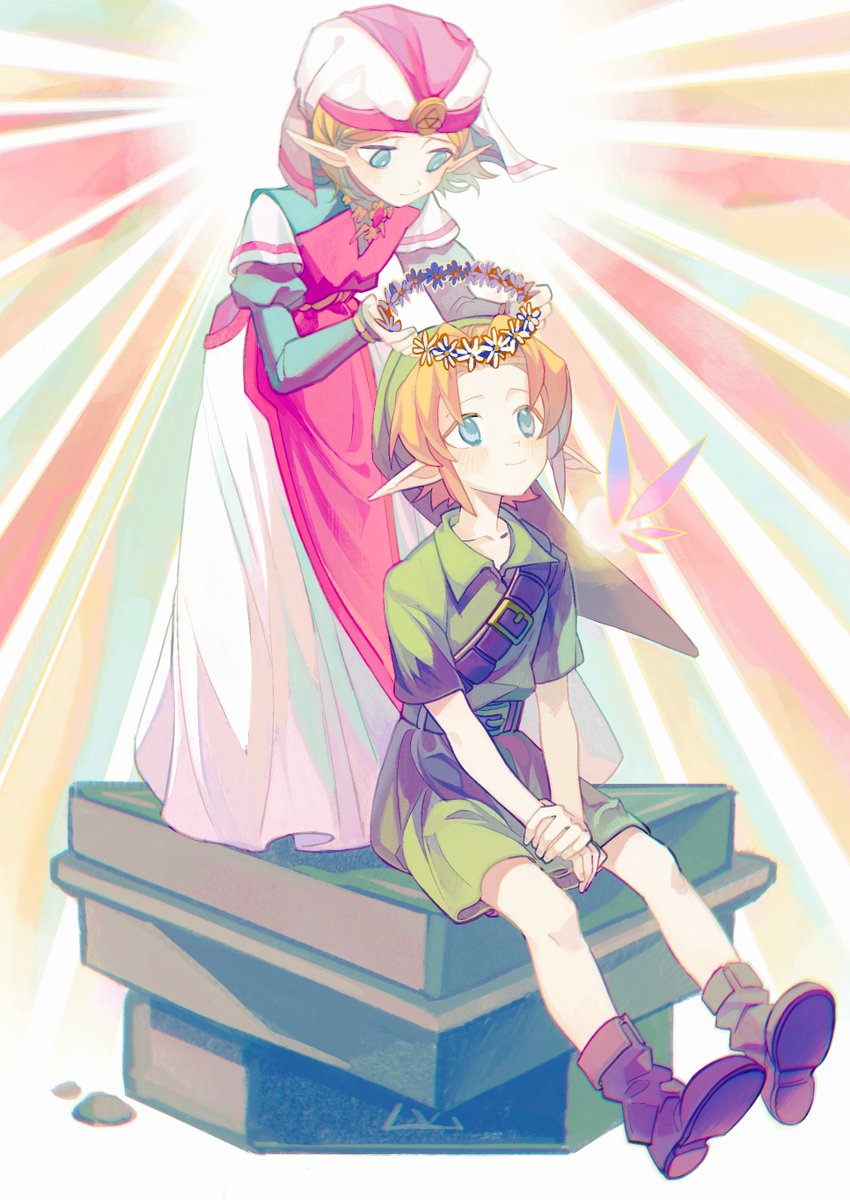 1boy, 1girl, aqua_eyes, aqua_sleeves, belt, blonde_hair, boots, brooch, brown_belt, brown_footwear, celiahoodcat, child, closed_mouth, commentary, dress, fairy, flower_wreath, green_hat, green_tunic, hat, highres, holding, holding_own_wrist, holding_wreath, jewelry, link, long_dress, long_sleeves, looking_at_another, looking_down, looking_up, multicolored_background, navi, pink_dress, pointy_ears, princess_zelda, puffy_long_sleeves, puffy_sleeves, shoulder_belt, sitting, smile, standing, the_legend_of_zelda, the_legend_of_zelda:_ocarina_of_time, two-tone_dress, v_arms, white_dress, white_headdress, young_link, young_zelda