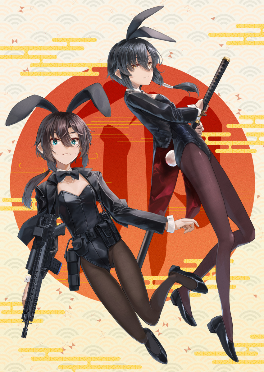 2girls, absurdres, animal_ears, assault_rifle, belt, black_bow, black_bowtie, black_footwear, black_hair, black_jacket, black_leotard, black_pantyhose, blue_eyes, bow, bowtie, breasts, brown_eyes, bunny_day, celia_(dreadtie), chinese_zodiac, closed_mouth, collar, commentary, detached_collar, dreadtie, egasumi, english_text, fake_animal_ears, fake_tail, flag_background, frown, gun, hair_between_eyes, hair_ornament, hair_tie, hairclip, half-closed_eyes, highres, holding, holding_gun, holding_sword, holding_weapon, holstered, imbel_ia2, jacket, japanese_flag, katana, kurumazaki_yuu, leotard, long_hair, long_sleeves, looking_at_viewer, low_ponytail, multiple_girls, original, pantyhose, pouch, rabbit_ears, rabbit_tail, rifle, seigaiha, sheath, shrug_(clothing), side_ponytail, sidelocks, small_breasts, standing, standing_on_one_leg, sweatdrop, sword, tail, text_background, thigh_gap, translated, unsheathing, utility_belt, walkie-talkie, weapon, weapon_request, white_collar, wrist_cuffs, year_of_the_rabbit