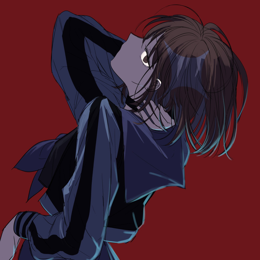 1girl, arm_up, black_choker, brown_eyes, brown_hair, choker, dark, glowing_sclera