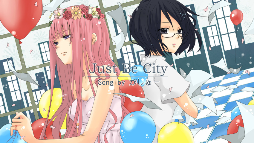 2girls, back-to-back, balloon, black_hair, blunt_bangs, bob_cut, character_request, closed_mouth, commentary_request, dress, english_text, falling_petals, floating_hair, glasses, head_wreath, highres, holding, holding_balloon, holding_paper, just_be_friends_(vocaloid), long_hair, looking_at_object, looking_to_the_side, megurine_luka, multiple_girls, paper, papers, parted_lips, petals, pink_hair, semi-rimless_eyewear, shirt, short_hair, short_sleeves, songover, strapless, strapless_dress, torinoko_city_(vocaloid), vocaloid, white_dress, white_shirt, youto_kakeru