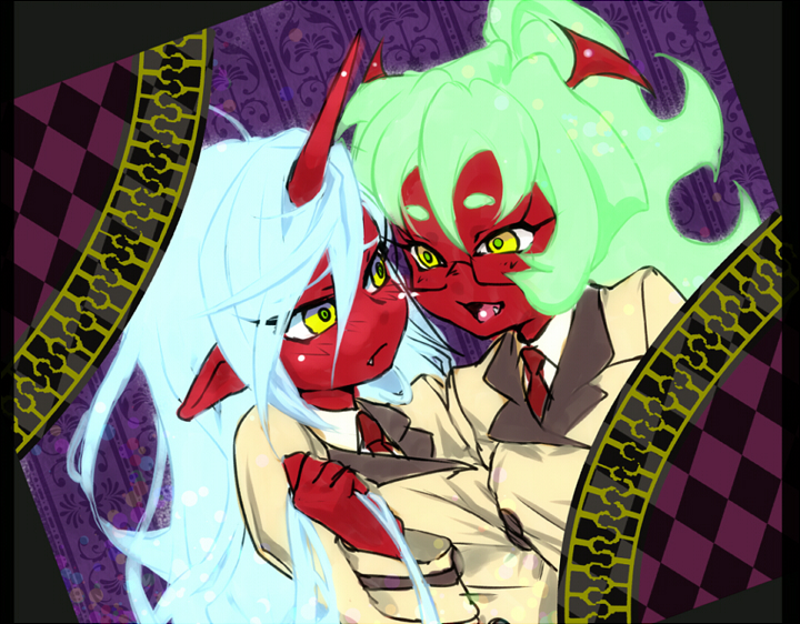 blue_hair, demon_girl, fang, green_hair, horns, kneesocks_(character), kneesocks_(psg), long_hair, multiple_girls, necktie, panty_&amp;_stocking_with_garterbelt, ponytail, red_skin, ru-ru-tia, scanty, scanty_(psg), school_uniform, yellow_eyes