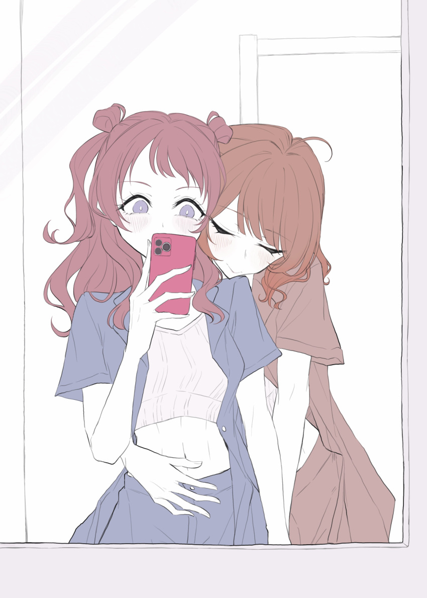 absurdres, ahoge, blush, closed_eyes, double_bun, flat_color, gakuen_idolmaster, hair_bun, hanami_saki, hanami_ume, head_rest, highres, holding, holding_phone, hug, hug_from_behind, idolmaster, long_fingers, mirror_selfie, navel, partially_colored, phone, redhead, rgrey127, siblings, simple_background, sisters, twintails, yuri