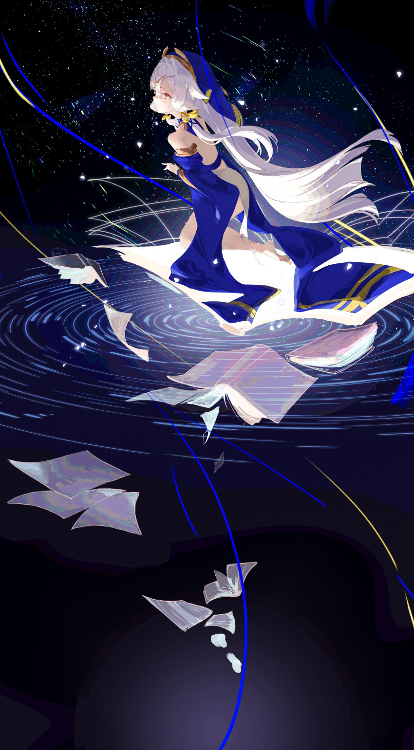 1girl, absurdres, bare_shoulders, blue_dress, blue_sleeves, blue_veil, book, commentary