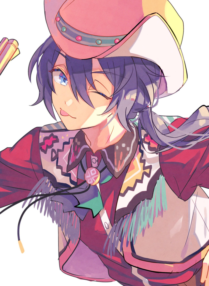 1boy, ;3, ;p, bishounen, collared_shirt, cowboy_hat, cropped_jacket, drawstring