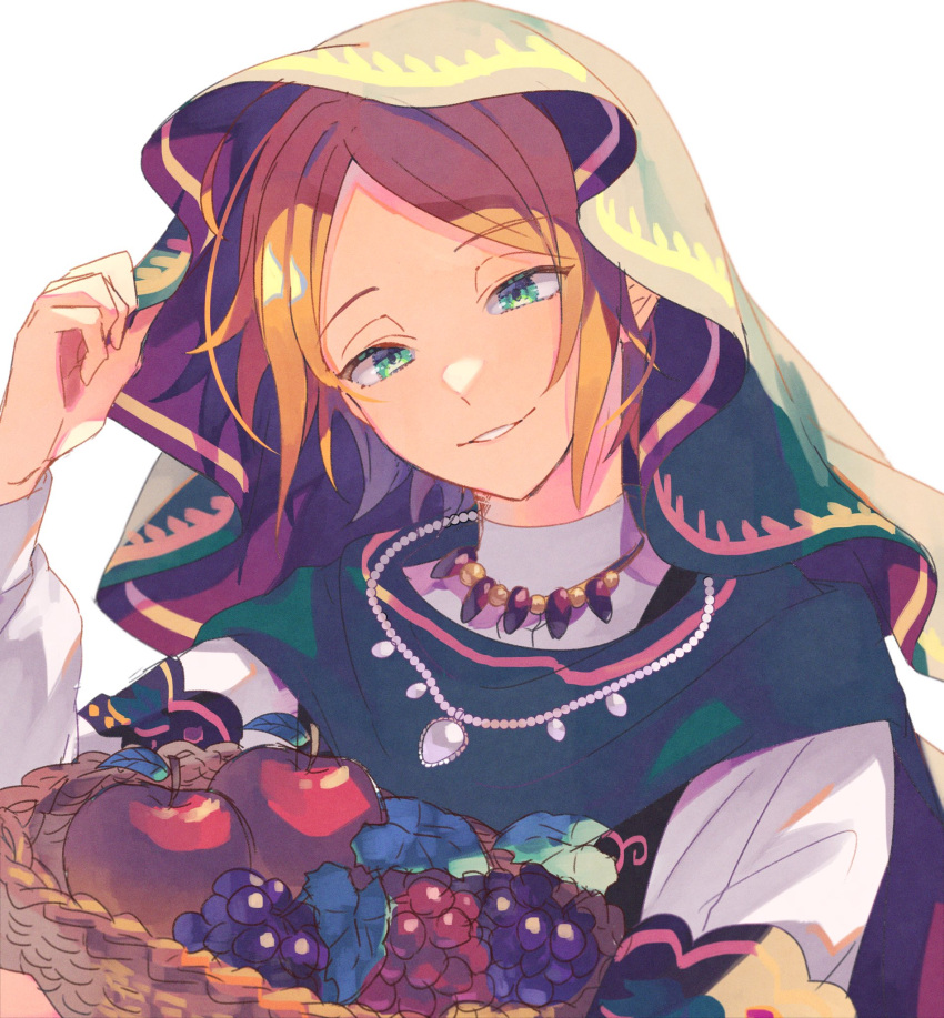 1boy, adjusting_clothes, adjusting_headwear, androgynous, aoi_yuta, apple, basket, bishounen