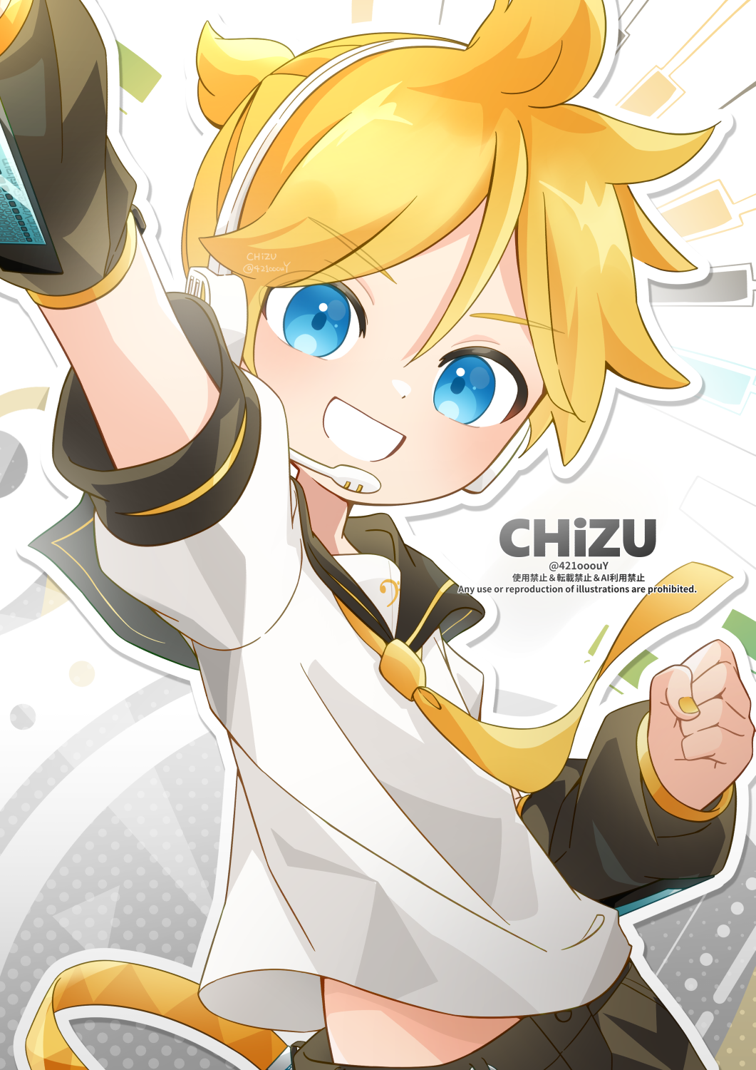 1boy, 421ooouy, ahoge, bass_clef, belt, black_arm_warmers, black_sailor_collar, black_shorts