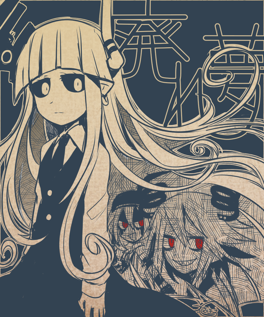 3girls, black_dress, black_necktie, black_sclera, blood, blood_on_face, blunt_bangs, closed_mouth