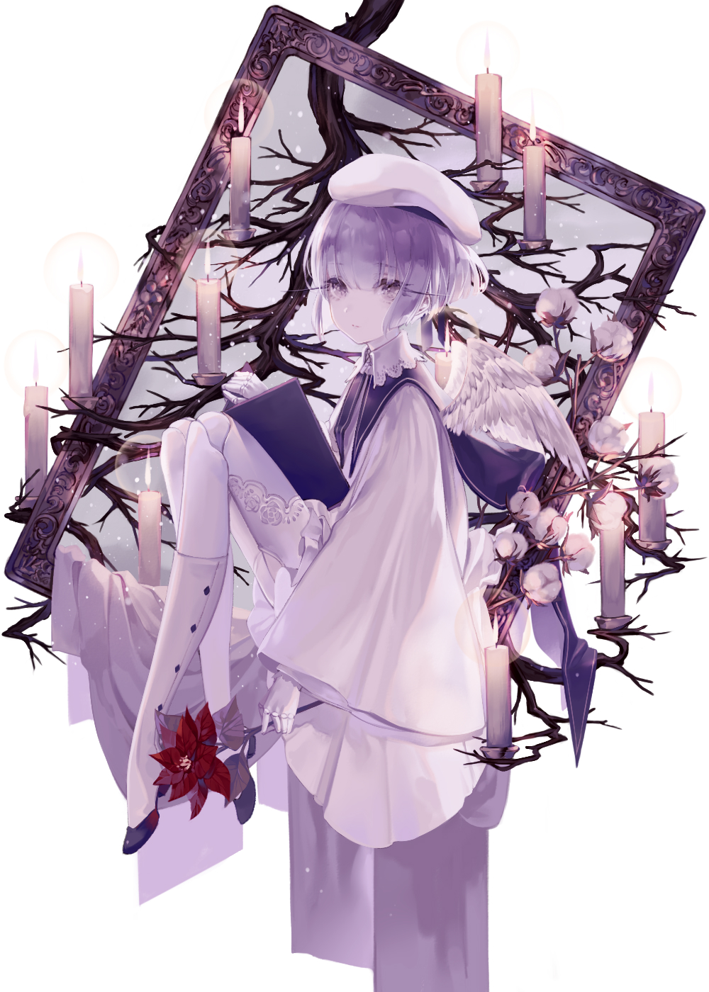 1girl, angel_wings, black_footwear, blue_sailor_collar, blunt_bangs, book, branch, candle