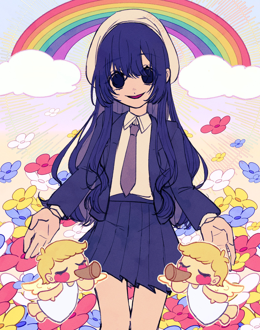 1girl, 2others, angel, angel_wings, black_eyes, blazer, blonde_hair, blue_hair, blue_jacket, blue_skirt, blush_stickers, clouds, dress, empty_eyes, flower, highres, jacket, kimi_no_koto_ga_dai_dai_dai_dai_daisuki_na_100-nin_no_kanojo, light_rays, long_hair, multiple_others, necktie, oknomyk, open_clothes, open_jacket, parted_lips, pleated_skirt, purple_necktie, rainbow, school_uniform, shirt, skirt, twitter_username, white_beret, white_dress, white_shirt, wings, zetsubouda_meru