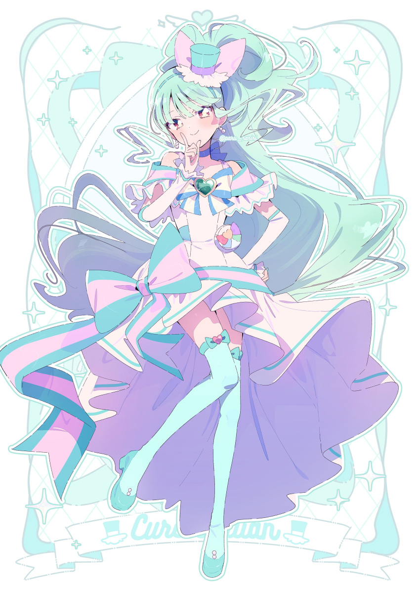 1girl, absurdres, aqua_bow, aqua_bowtie, aqua_hair, aqua_hat, aqua_theme, banner