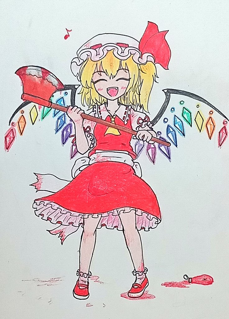 1girl, axe, blonde_hair, blood, blood_on_axe, blood_on_clothes, closed_eyes, crystal_wings
