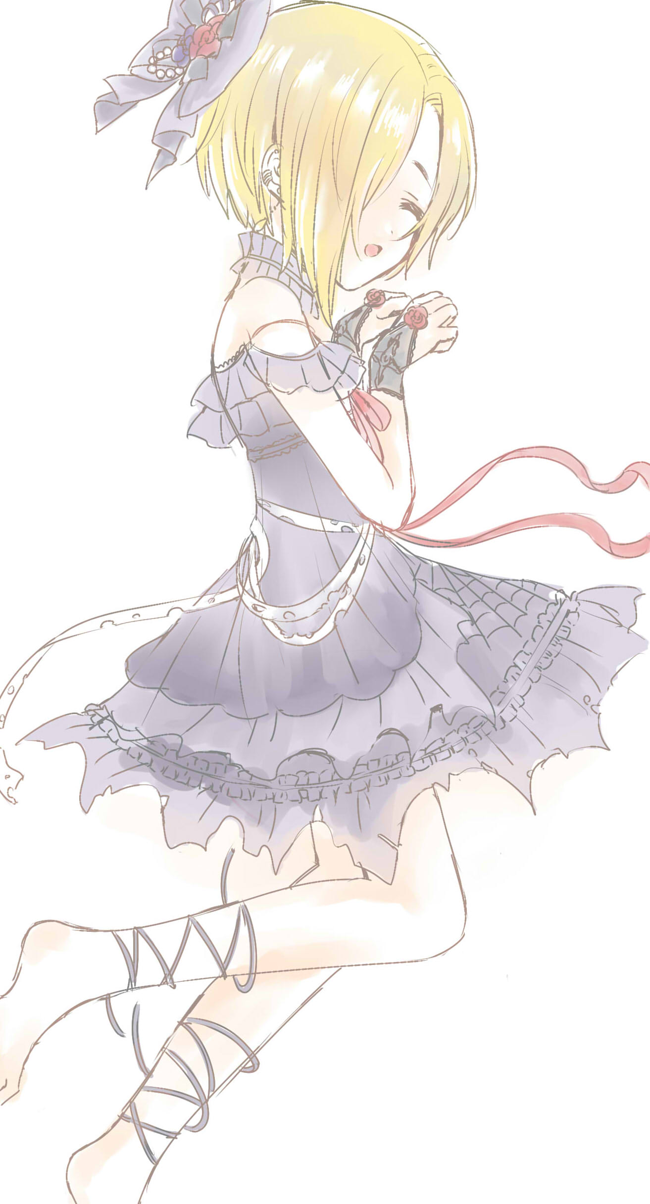 1girl, absurdres, black_bow, black_dress, black_gloves, blonde_hair, bow, closed_eyes