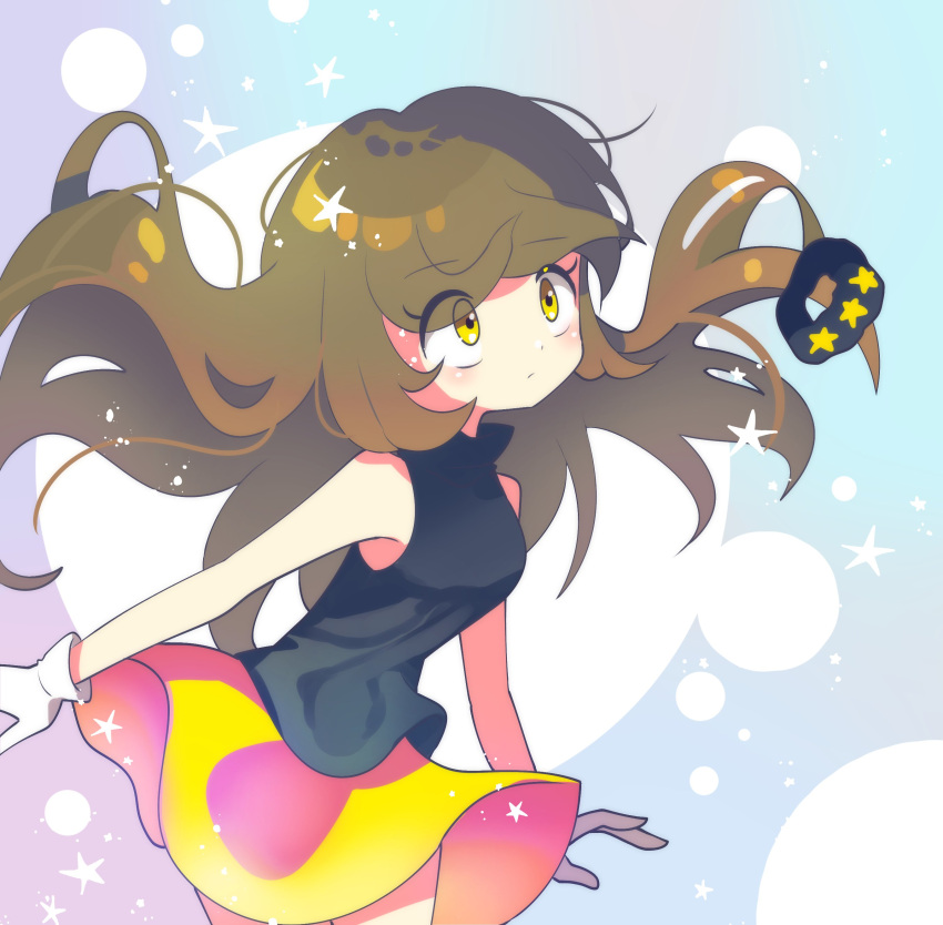 1girl, :/, absurdres, black_shirt, brown_hair, closed_mouth, clothes_lift, floating_hair