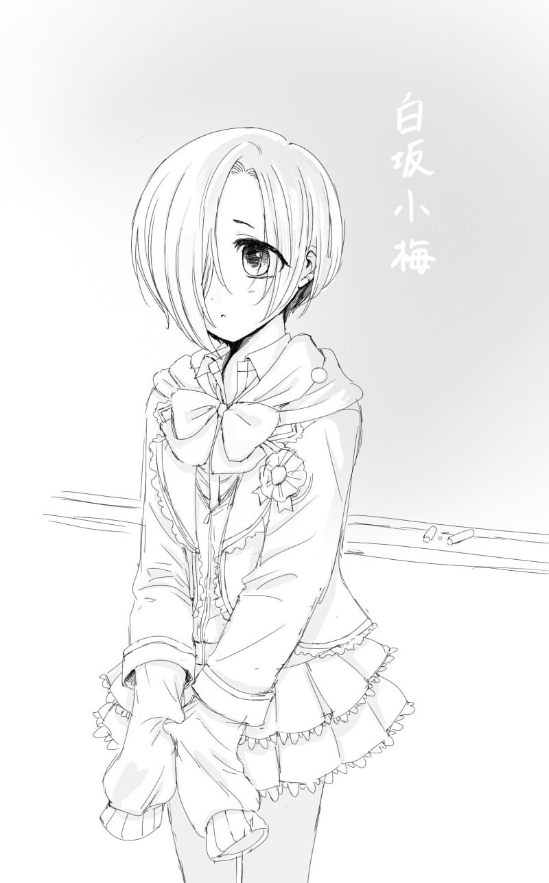 1girl, blush, bow, chalk, chalkboard, eyelashes, greyscale, hair_over_one_eye