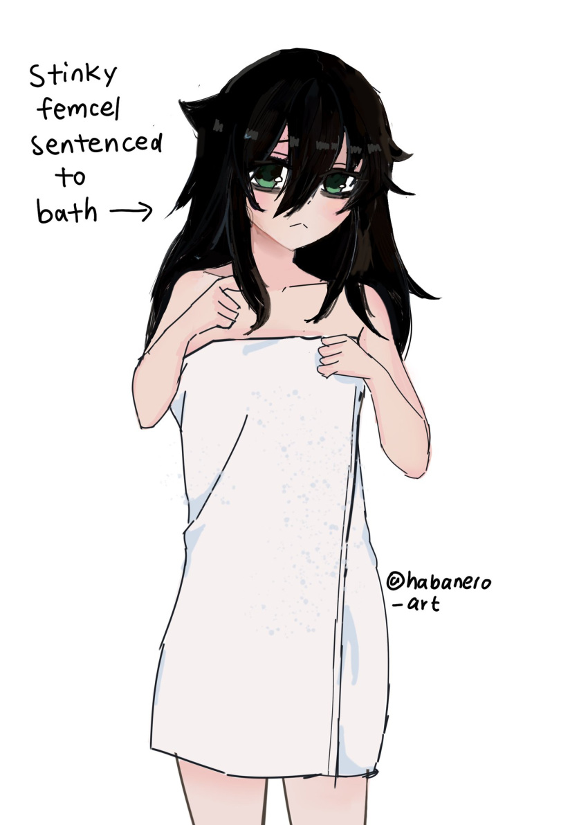 1girl, black_hair, english_text, female, green_eyes, habanero_art, hair_between_eyes, kuroki_tomoko